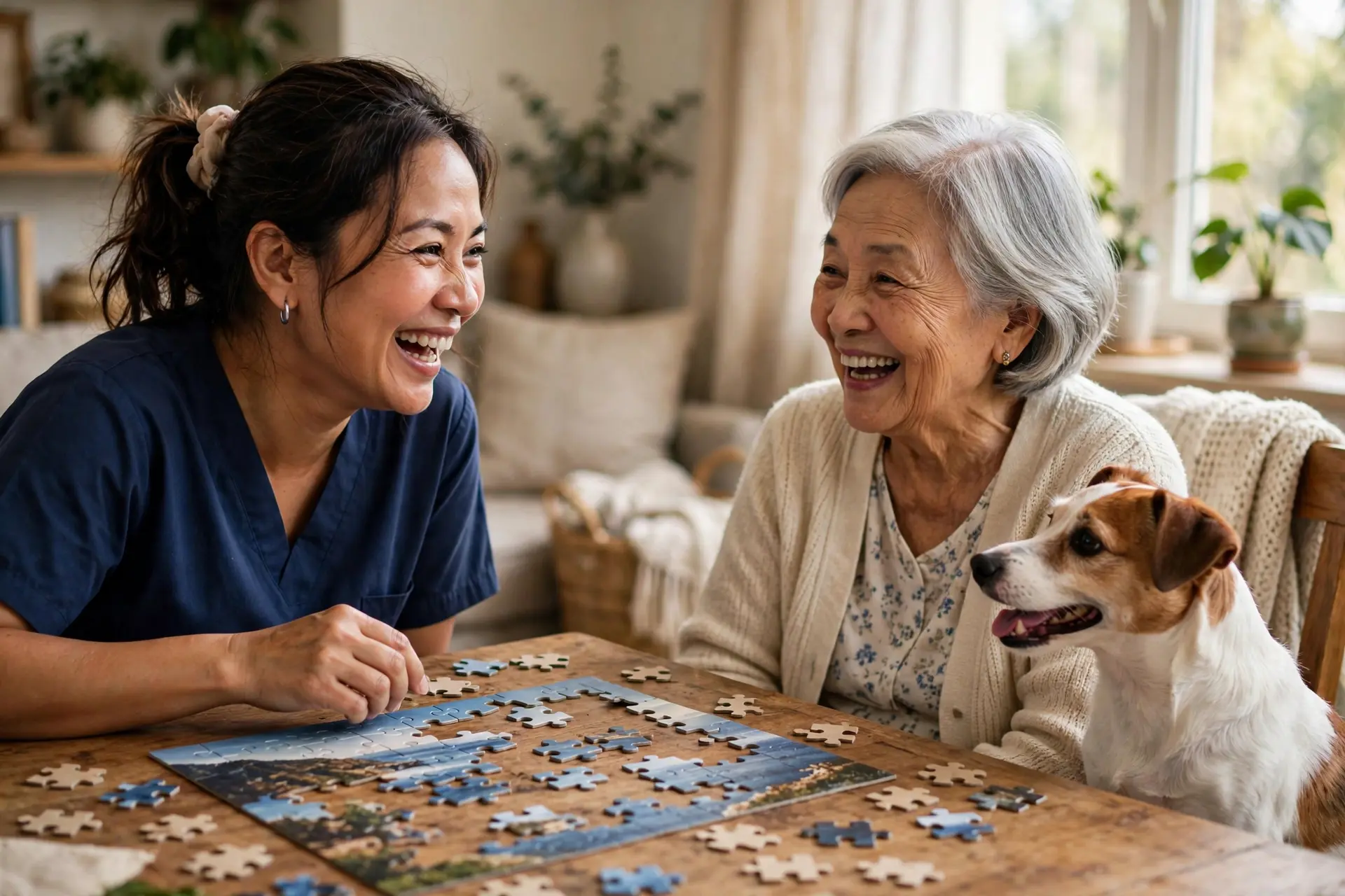 A caregiver and an elderly woman laughing together while doing a jigsaw puzzle at a table, with a small dog beside them