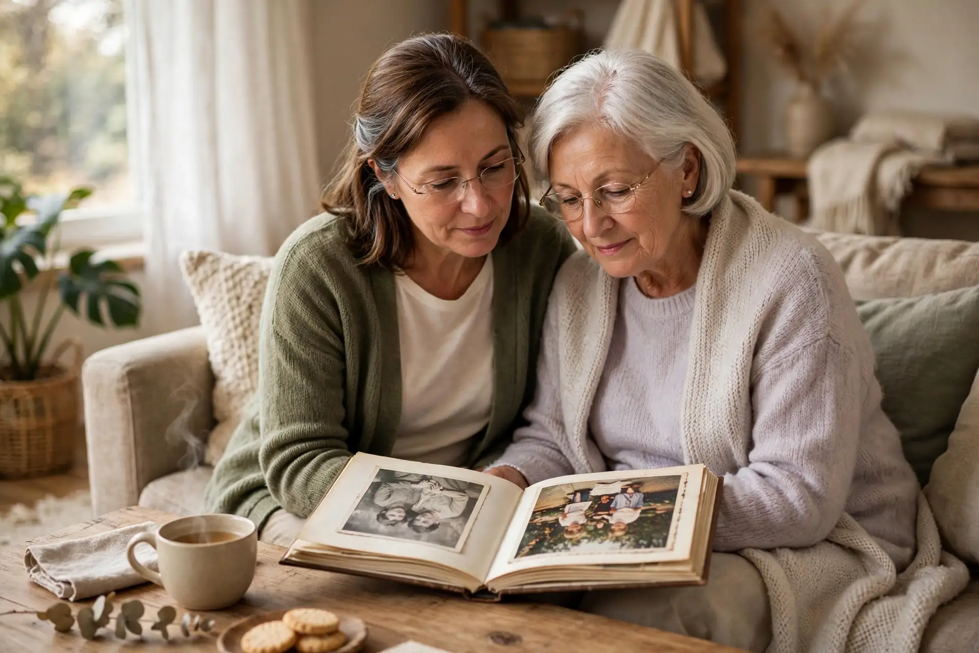A caregiver and an elderly woman looking through a family photo album together on a sofa