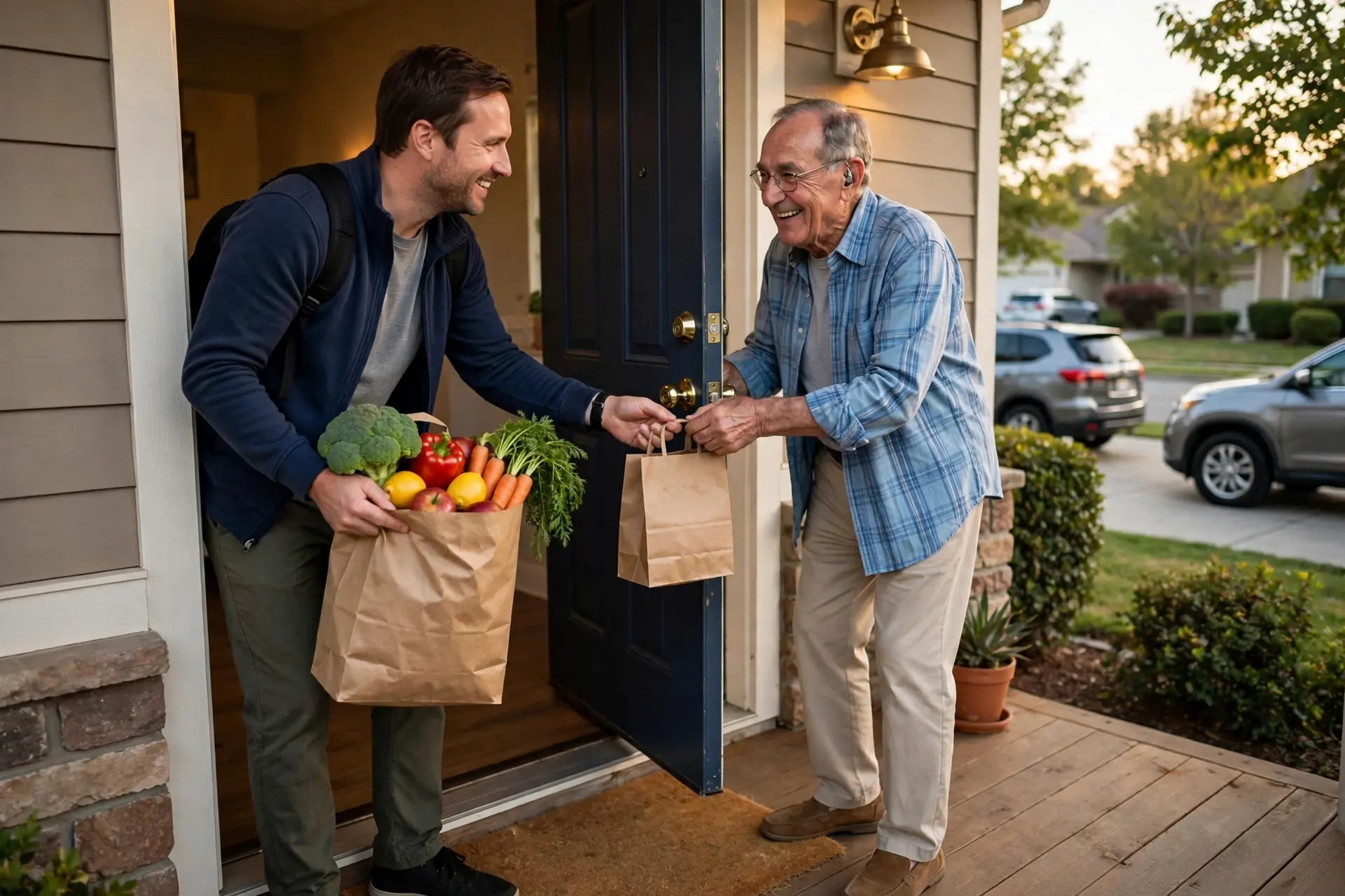 A caregiver delivering a bag of fresh groceries and a small pharmacy bag to an elderly man at his front door