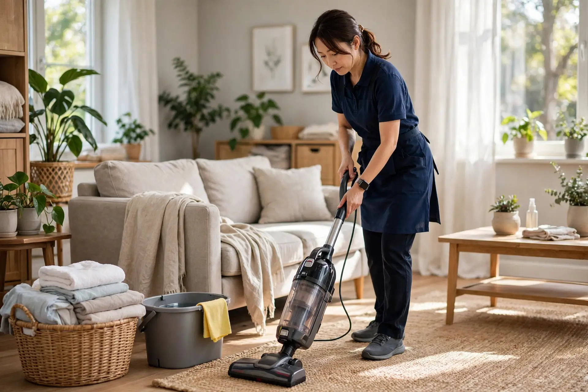 A caregiver vacuuming a living room rug, with a basket of folded laundry and a cleaning bucket nearby