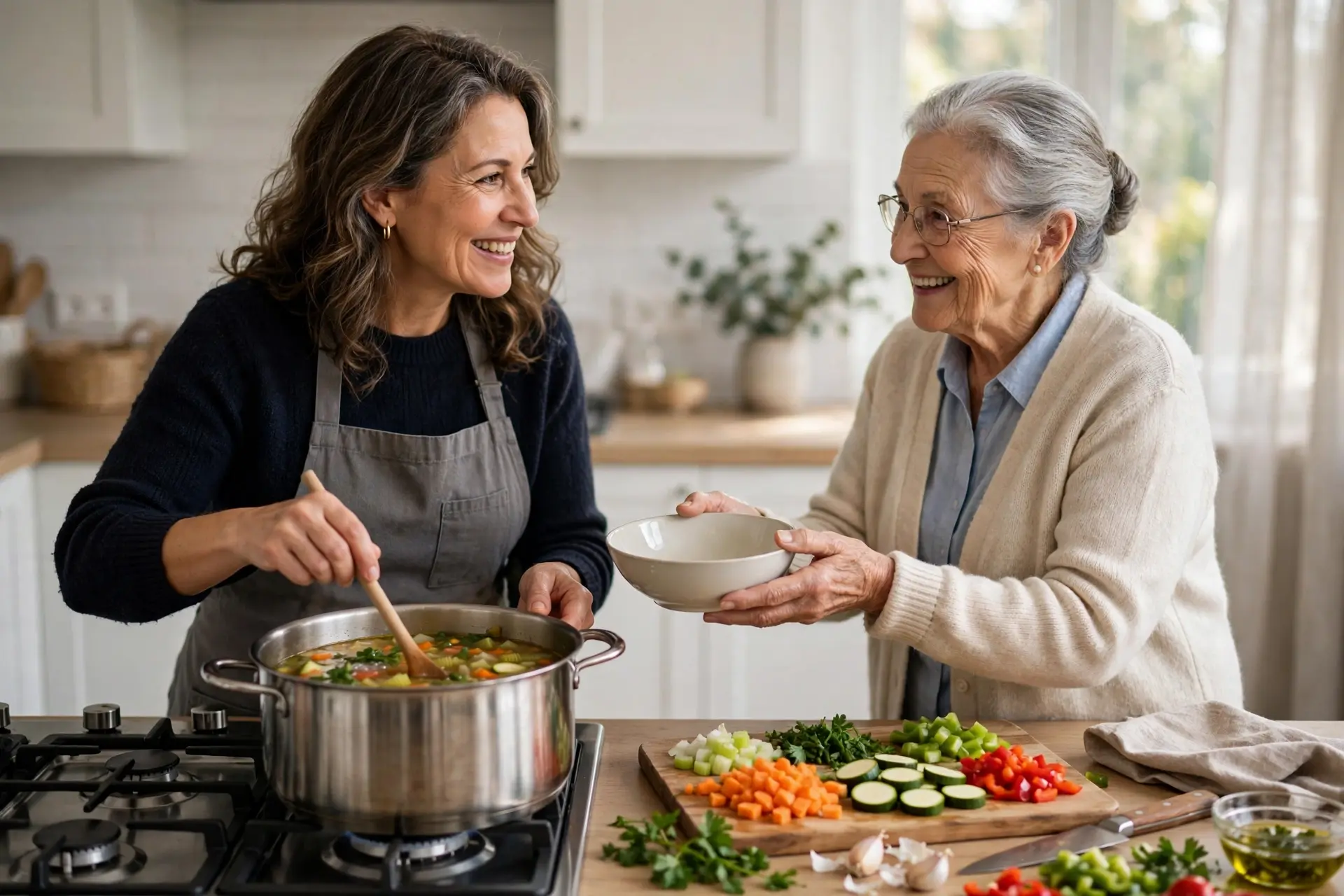 A caregiver stirring a pot of vegetable soup in a kitchen while an elderly woman holds a bowl, ready to be served
