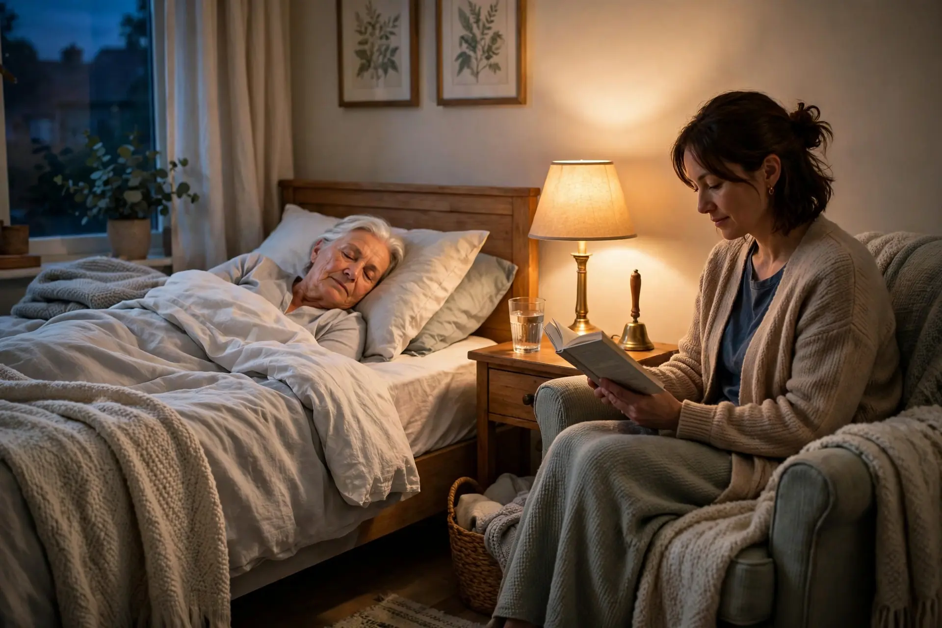 A caregiver reading quietly in an armchair beside an elderly woman sleeping peacefully in bed at night
