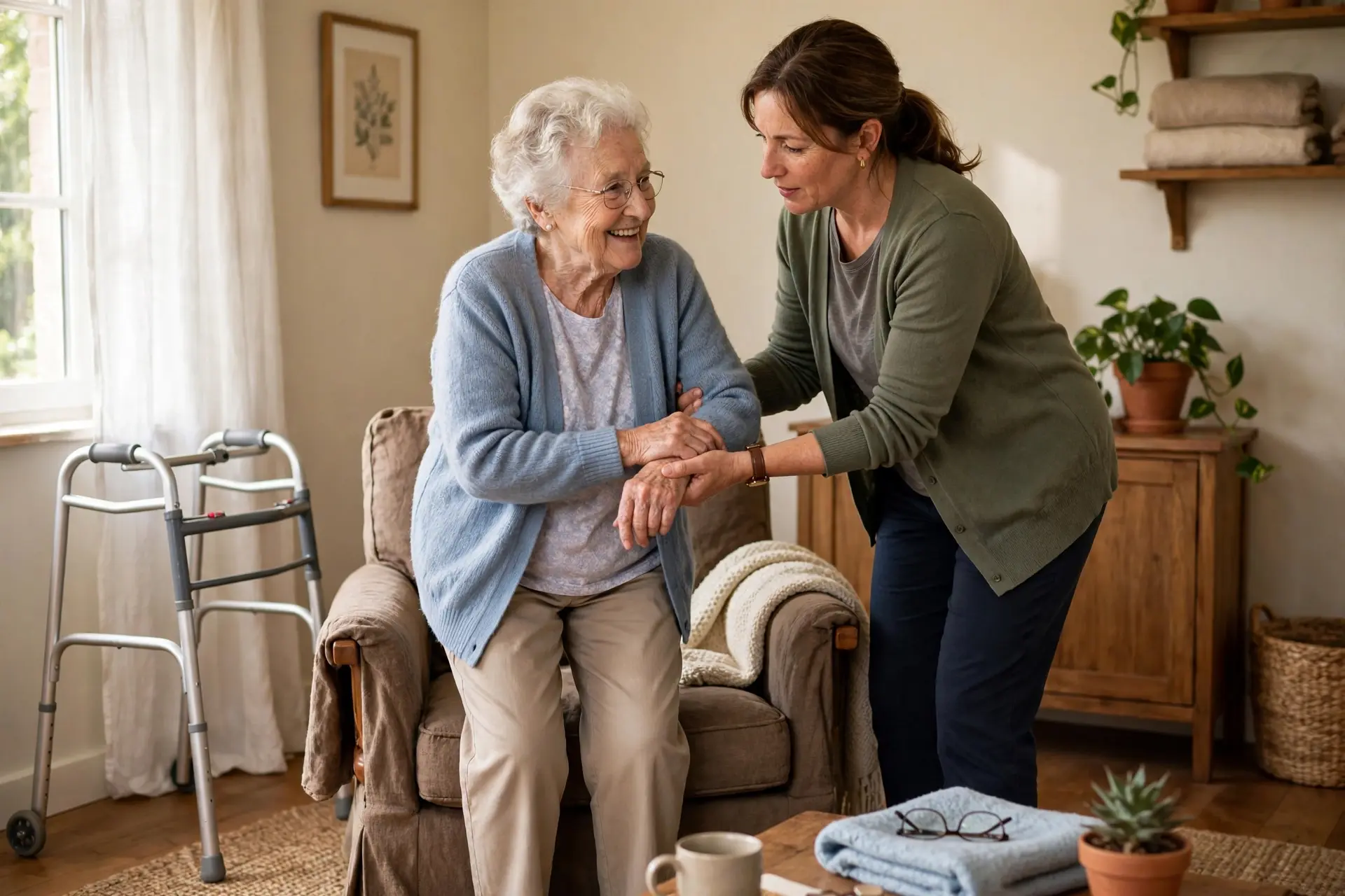 A caregiver gently helping an elderly woman stand from an armchair, with a walker nearby